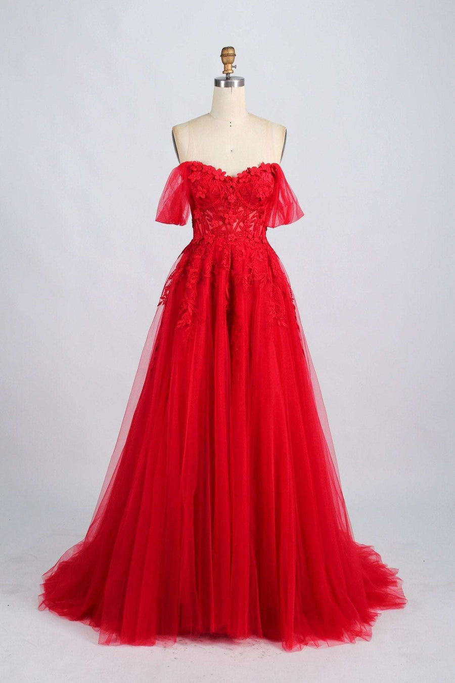 YLONA Prom Dress in red with corset top and tulle skirt, featuring 3D floral lace and detachable off-shoulder straps for a versatile prom look.